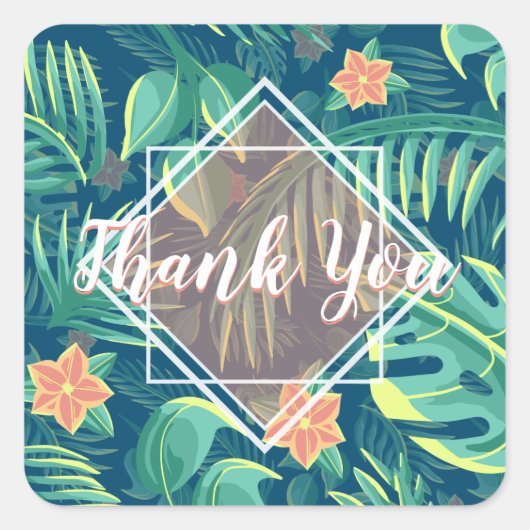 トロピカルな葉のパターンを擬人化ありがとう スクエアシール (正面)