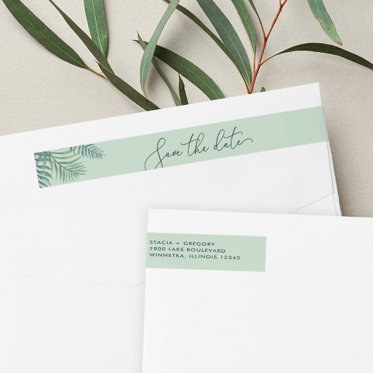 トロピカルな葉の保存日付差出人住所 ラップアラウンドラベル