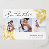 トロピカルな葉の写真コラージュの保存日 箔招待状 (正面)