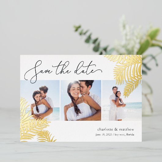 トロピカルな葉の写真コラージュの保存日 箔招待状 (立ち正面)