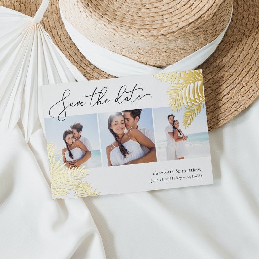 トロピカルな葉の写真コラージュの保存日 箔招待状