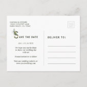 トロピカルな葉の手紙の結婚式の日付を保存 案内ポストカード (裏面)