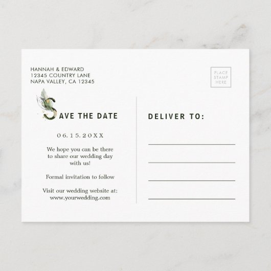 トロピカルな葉の手紙の結婚式の日付を保存 案内ポストカード (裏面)