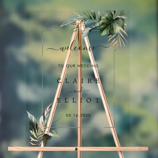 トロピカルな葉の緑結婚の歓迎 アクリルサイン (ニュートラル)