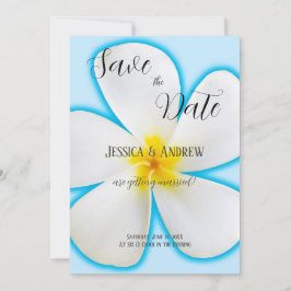 トロピカルな青に白いプルメリア、フラワーデザイン、ウェディング セーブザデート