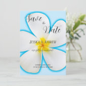 トロピカルな青地に白いプルメリア、フラワー、ウェディング セーブザデート (スタンド正面)