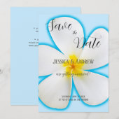 トロピカルな青地に白いプルメリア、フラワー、ウェディング セーブザデート (正面/裏面)