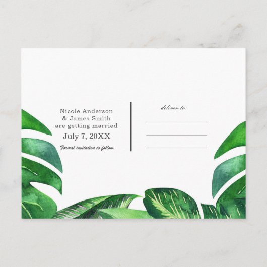 トロピカルな鳥と葉のSave the Date 案内ポストカード (裏面)