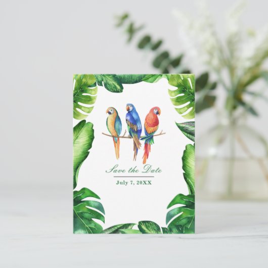 トロピカルな鳥と葉のSave the Date 案内ポストカード (スタンド正面)