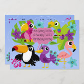 トロピカルな鳥のツイート誕生日招待状 招待状 (正面/裏面)