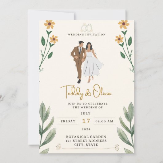 トロピカルな黄色のリボン飾り付き花束 招待状 (正面)