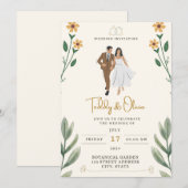 トロピカルな黄色のリボン飾り付き花束 招待状 (正面/裏面)