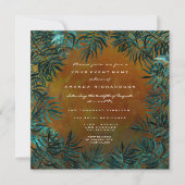 トロピカルな Fern 葉のフレーム ティールアクア ハニー ゴールド 招待状 (正面)