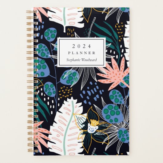 トロピカルはっきりしたボタニカルパターンモノグラム2024 プランナー手帳 (正面)