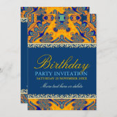 トロピカルろうけつ染めオレンジブルー誕生日招待状 招待状 (正面/裏面)