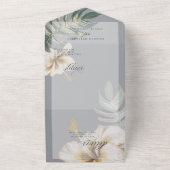 トロピカルアイボリーホワイトのヒマワリの葉のウェディング オールインワン招待状 (外側)