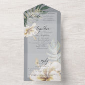 トロピカルアイボリーホワイトのヒマワリの葉のウェディング オールインワン招待状 (内側)