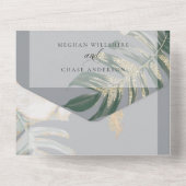 トロピカルアイボリーホワイトのヒマワリの葉のウェディング オールインワン招待状 (裏面)