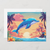 トロピカルアイランドの夕日とイルカ ポストカード (正面/裏面)
