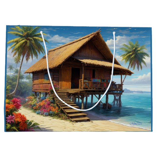 トロピカルアイランドの美しい竹の小屋ビーチ ラージペーパーバッグ (裏面)