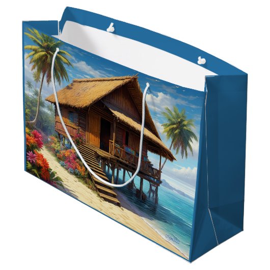 トロピカルアイランドの美しい竹の小屋ビーチ ラージペーパーバッグ (裏面アングル)