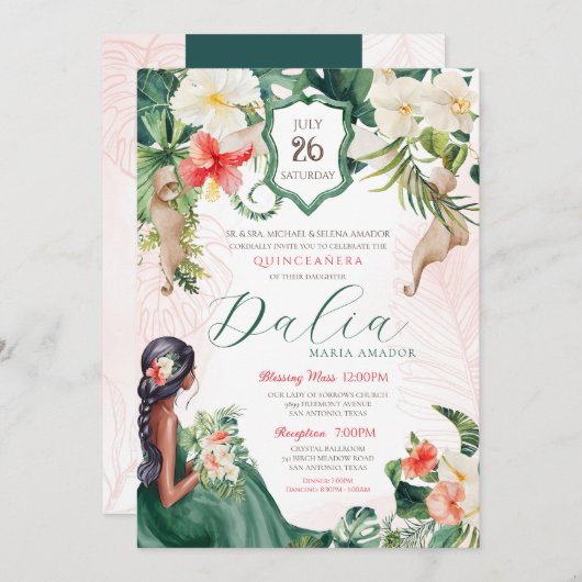 トロピカルアイランドエメラルドグリーンフローラキンセアニェラ 招待状 (正面/裏面)