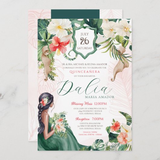 トロピカルアイランドエメラルドグリーンフローラキンセアニラ 招待状 (正面/裏面)