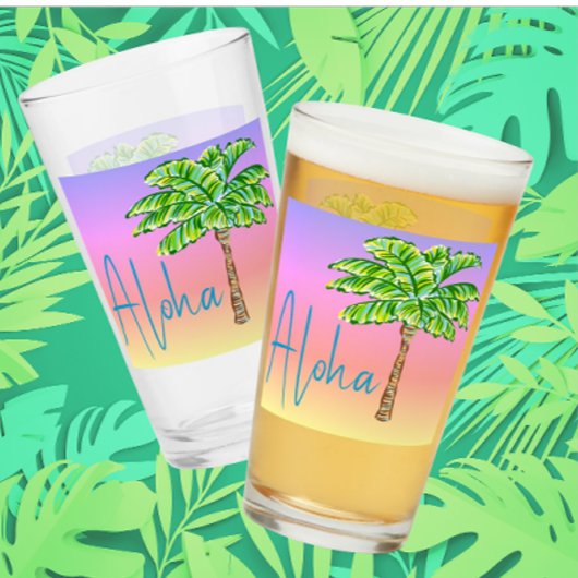 トロピカルアイランドサンセットグリーンパームツリーアロハ タンブラーグラス