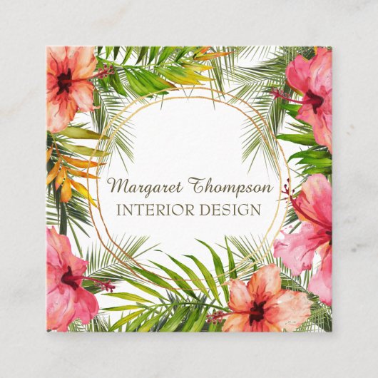 トロピカルアイランドハイビスカスパームウォーターカラーフローラ スクエア名刺 (正面)