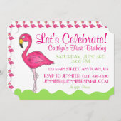 トロピカルアイランドバードピンクフラミンゴ誕生日パーティー 招待状 (正面/裏面)