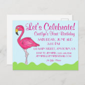 トロピカルアイランドバード ピンクフラミンゴ バースデーパーティー インビテーションポストカード (正面/裏面)