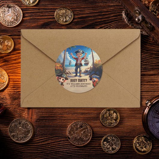 トロピカルアイランドパイレーツボーイ誕生日パーティーステッカー ラウンドシール