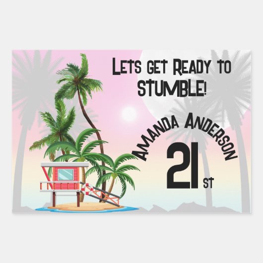 トロピカルアイランドパームツリーサンセット招待状 ラッピングペーパーシート (正面)