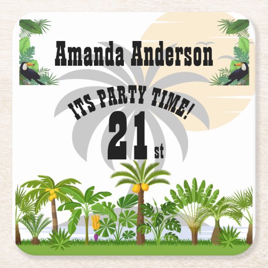 トロピカルアイランドパームツリーサンセット スクエアペーパーコースター (正面)