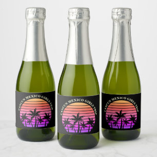 トロピカルアイランドビーチパームツリーズピンクブラックミニ スパークリングワインラベル