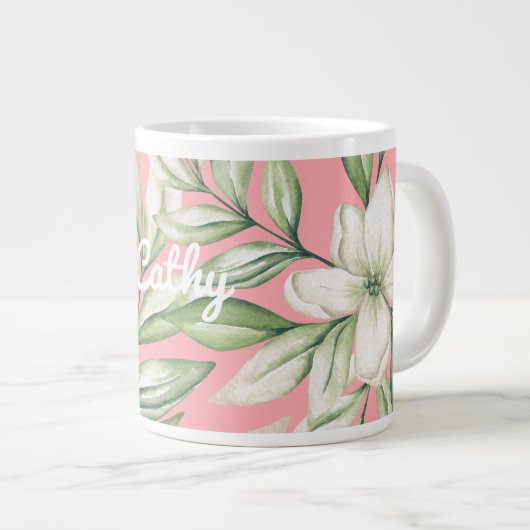 トロピカルアイランドピンク、赤面、グリーンフローラ ジャンボコーヒーマグカップ (正面右)