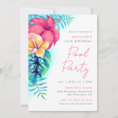 トロピカルアイランドフラワーズプールパーティー誕生日 招待状 (正面)