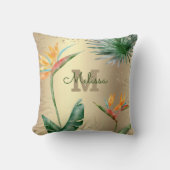 トロピカルアイランドフローラモノグラムスクリプトゴールドフォイル クッション (正面)