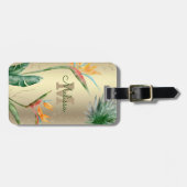 トロピカルアイランドフローラモノグラムスクリプトゴールドフォイル ラゲッジタグ (正面横)