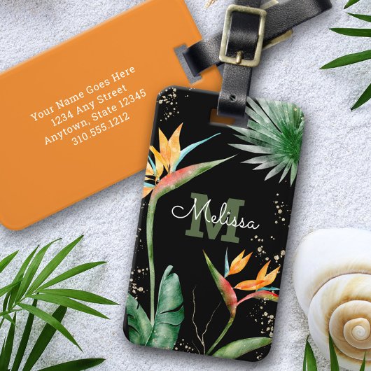 トロピカルアイランドフローラモノグラムスクリプト金ゴールドブラック ラゲッジタグ