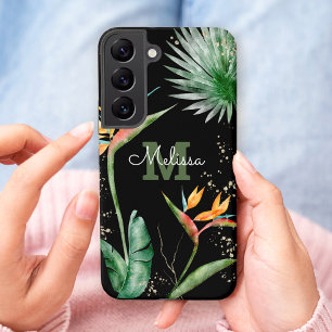 トロピカルアイランドフローラモノグラムスクリプト金ゴールドブラック SAMSUNG GALAXY S22ケース