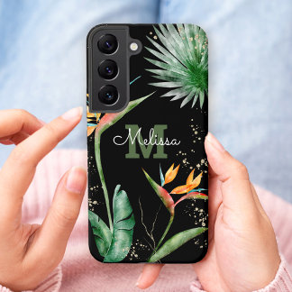 トロピカルアイランドフローラモノグラムスクリプト金ゴールドブラック SAMSUNG GALAXY S22ケース