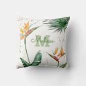 トロピカルアイランドフローラモノグラム金ゴールドホワイトスクリプト クッション (裏面)