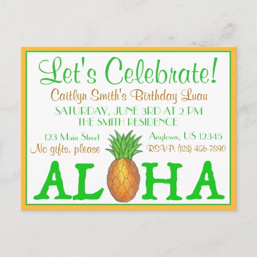 トロピカルアイランドルアウ パイナップル ハワイ アロハパーティー インビテーションポストカード (正面)