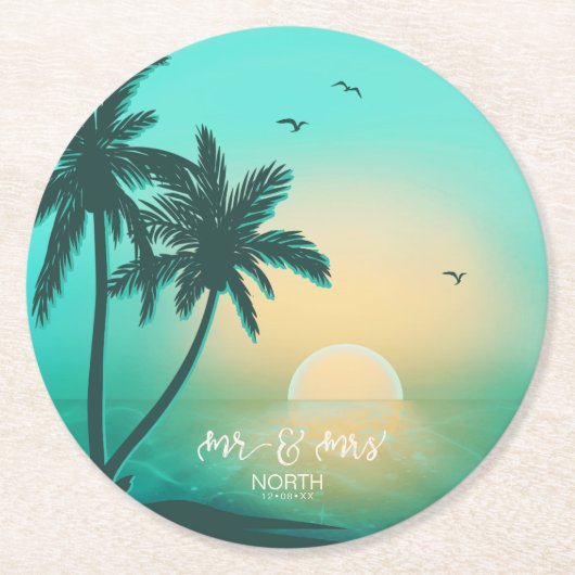 トロピカルアイルサンライズミスター&ミセスティール(緑がかった色)ID581 ラウンドペーパーコースター (正面)