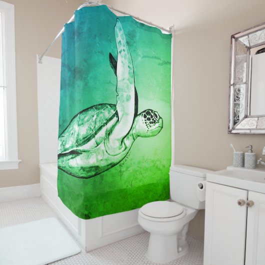 トロピカルアクアグリーンシーカメ シャワーカーテン (インサイチュ)
