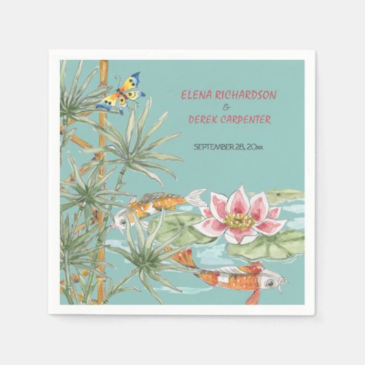 トロピカルアクアコイ竹フローラチノワセリーカスタム スタンダードカクテルナプキン (正面)