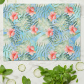 トロピカルアクアピンクハイビスカスフローラ キッチンタオル (折り畳み)