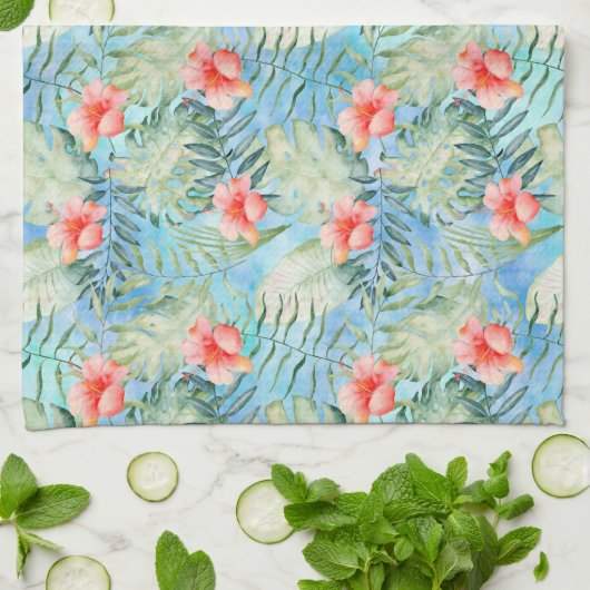 トロピカルアクアピンクハイビスカスフローラ キッチンタオル (折り畳み)