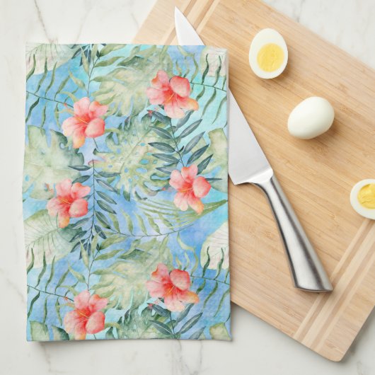 トロピカルアクアピンクハイビスカスフローラ キッチンタオル (四つ折り)